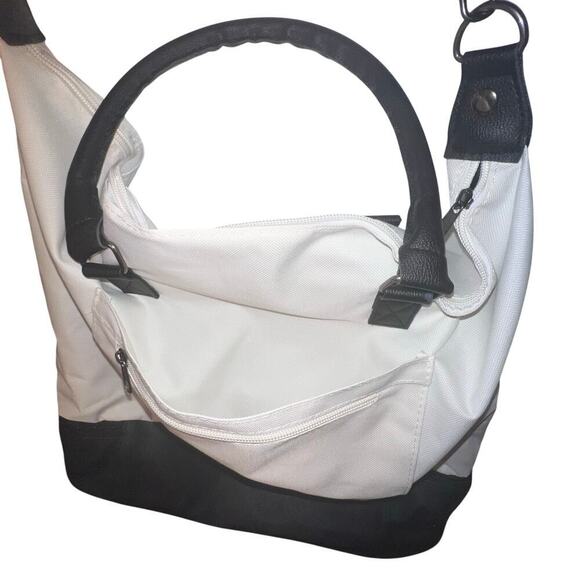 DSW white black trim handles Crossbody overnight tote shoe storage bottom 2024 - Picture 6 of 14